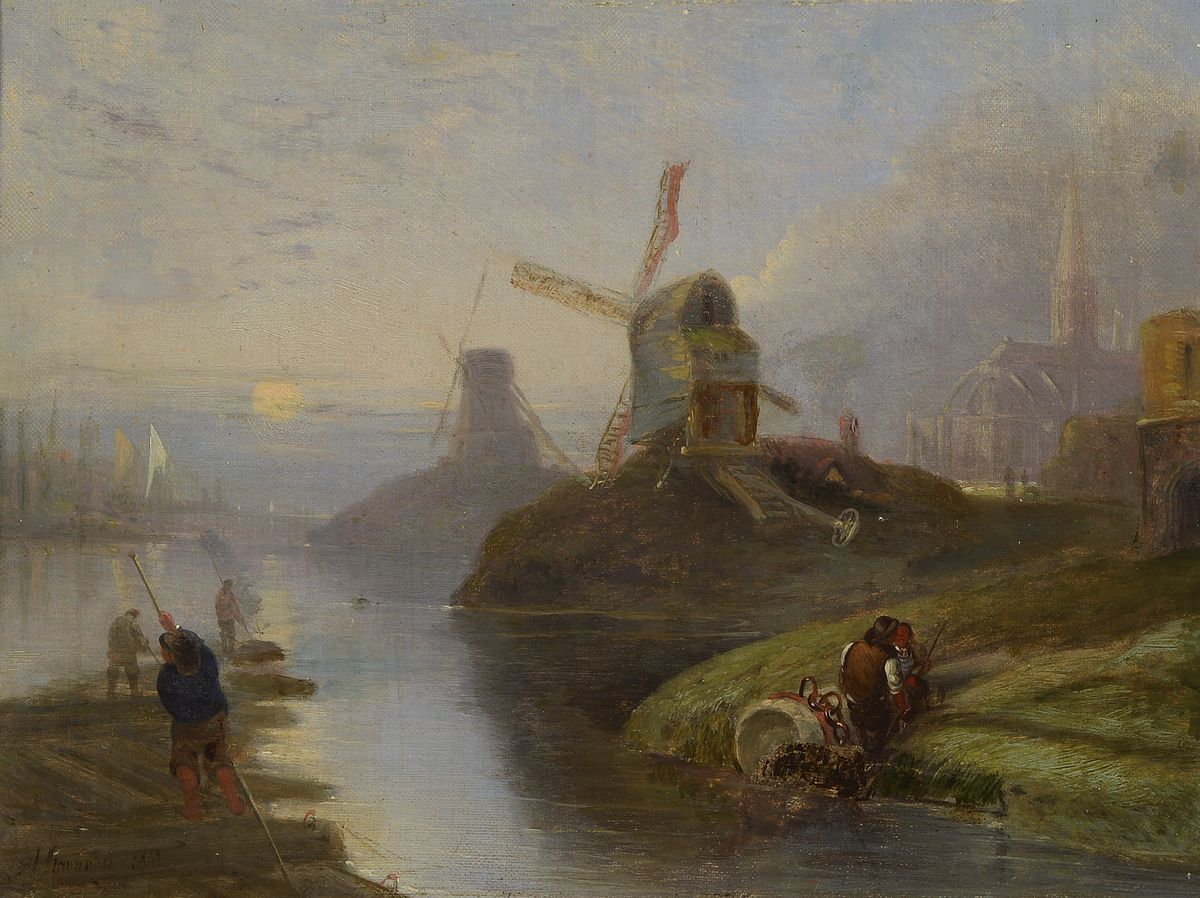 Alfred Stannard, 1806 Norwich - 1889, niederländische Landschaft im Morgengrauen, im Vordergrund arbeitende und rastende Fischer, z.T. in den ...