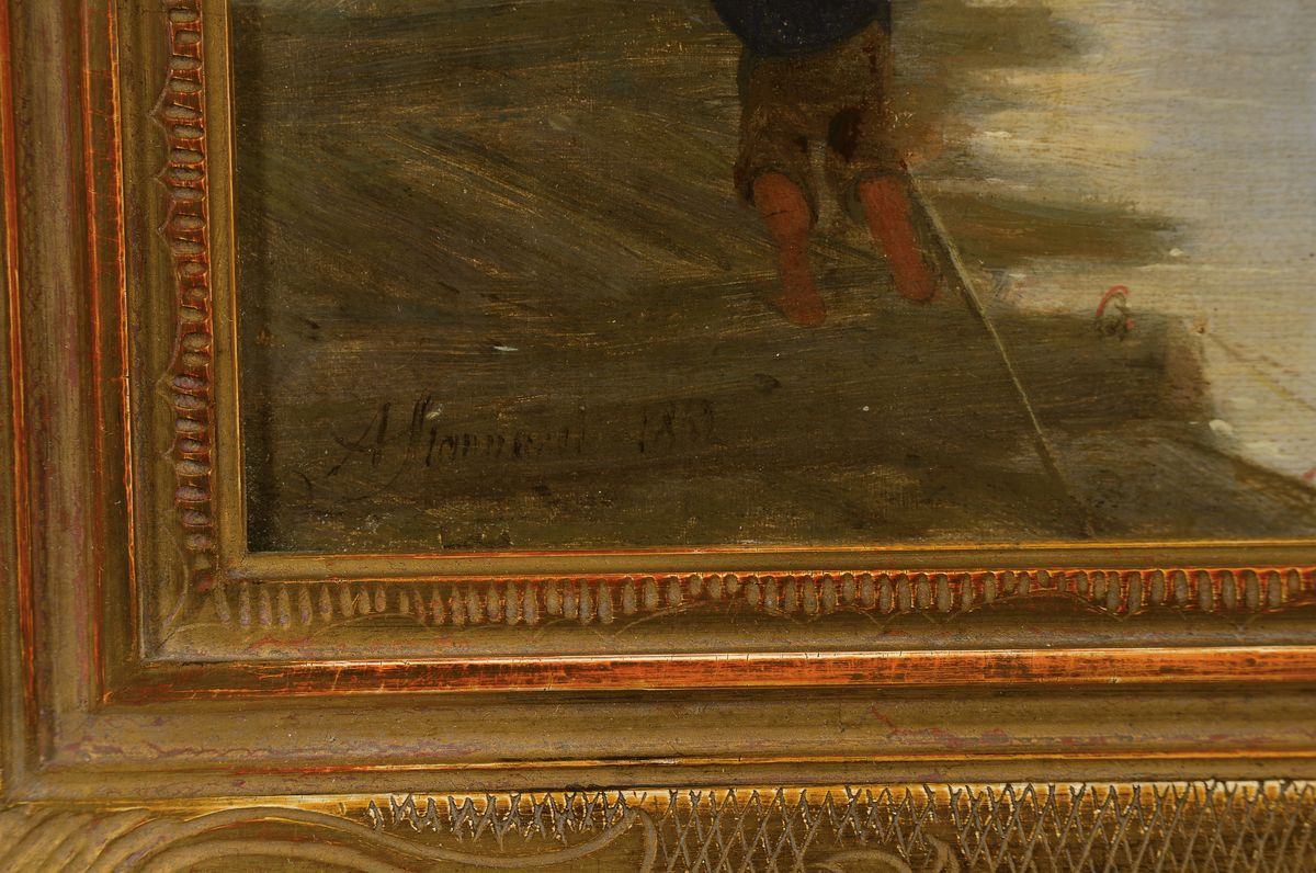 Detail a: Alfred Stannard, 1806 Norwich - 1889, niederländische Landschaft im Morgengrauen, im Vordergrund arbeitende und rastende Fischer, z.T. in den ...