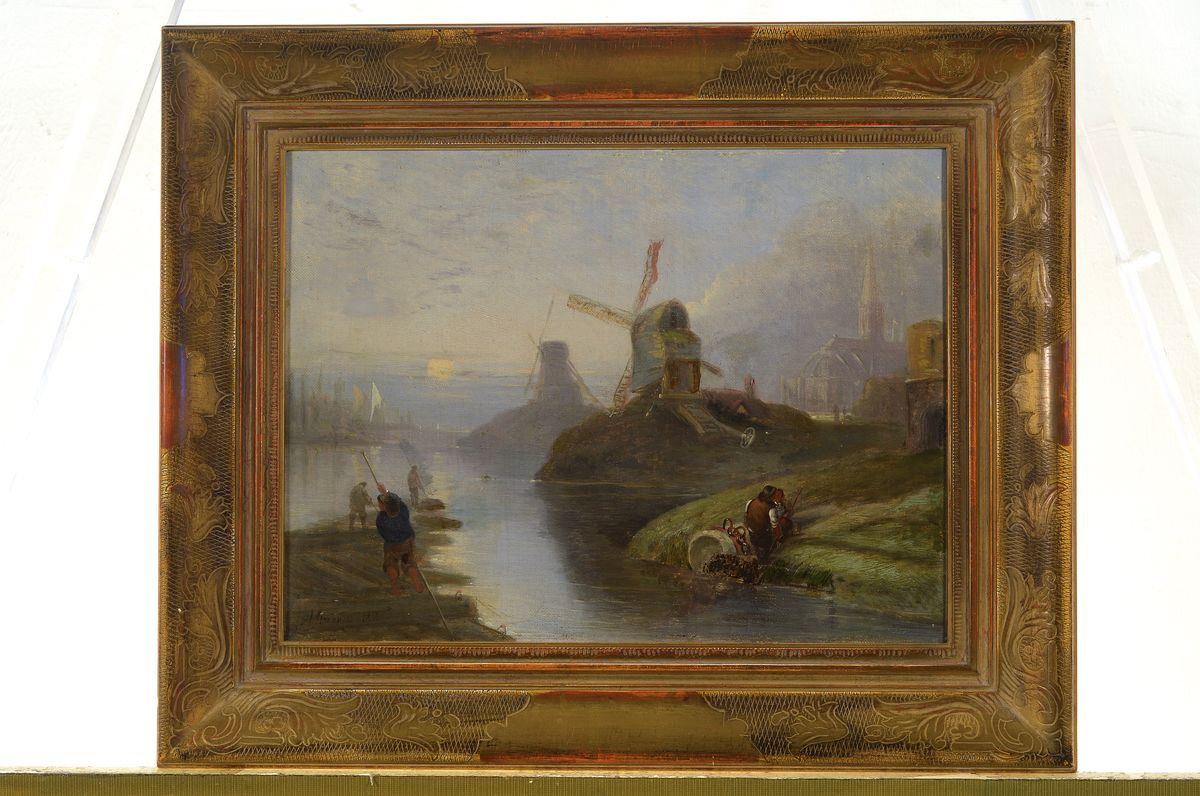 Detail k: Alfred Stannard, 1806 Norwich - 1889, niederländische Landschaft im Morgengrauen, im Vordergrund arbeitende und rastende Fischer, z.T. in den ...