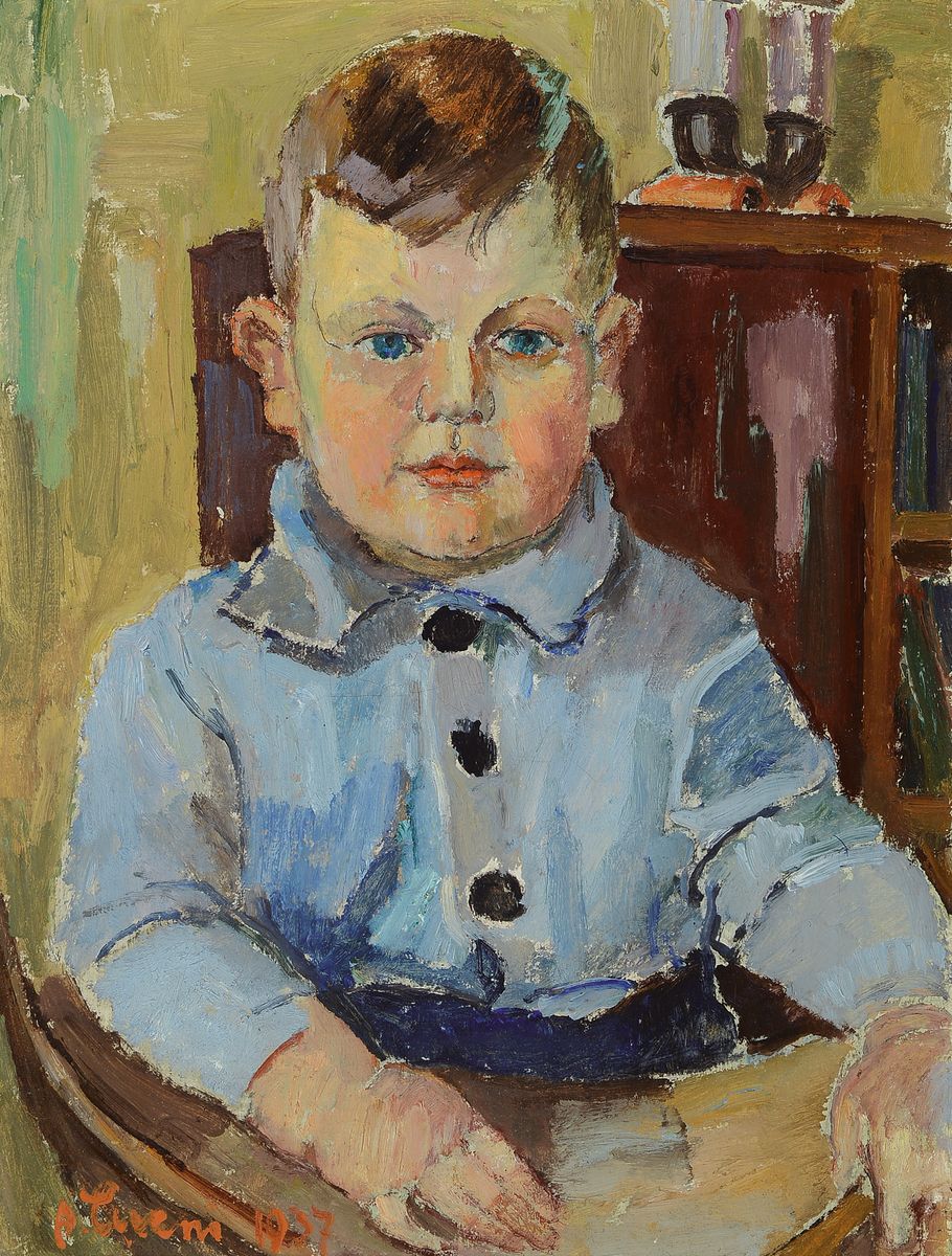 August Cueni, 1883 - 1966 Zwingen, Porträt eines Knaben im Kinderstuhl, gut getroffener kindlicher Ausdruck, moderne Auffassung des traditionellen ...