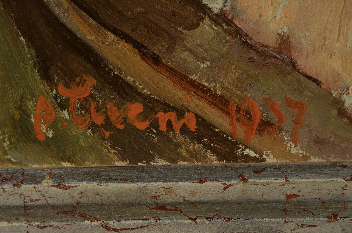 Detail a: August Cueni, 1883 - 1966 Zwingen, Porträt eines Knaben im Kinderstuhl, gut getroffener kindlicher Ausdruck, moderne Auffassung des traditionellen ...