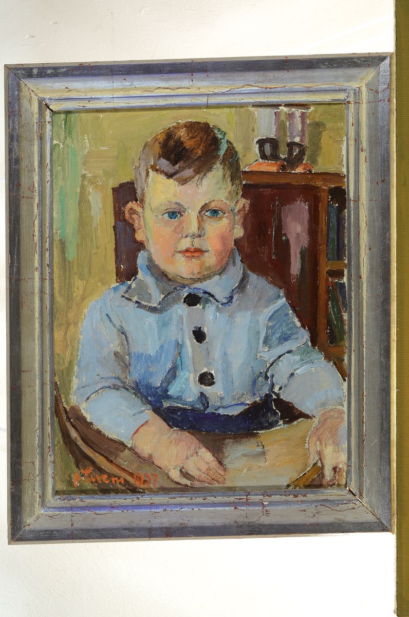 Detail k: August Cueni, 1883 - 1966 Zwingen, Porträt eines Knaben im Kinderstuhl, gut getroffener kindlicher Ausdruck, moderne Auffassung des traditionellen ...