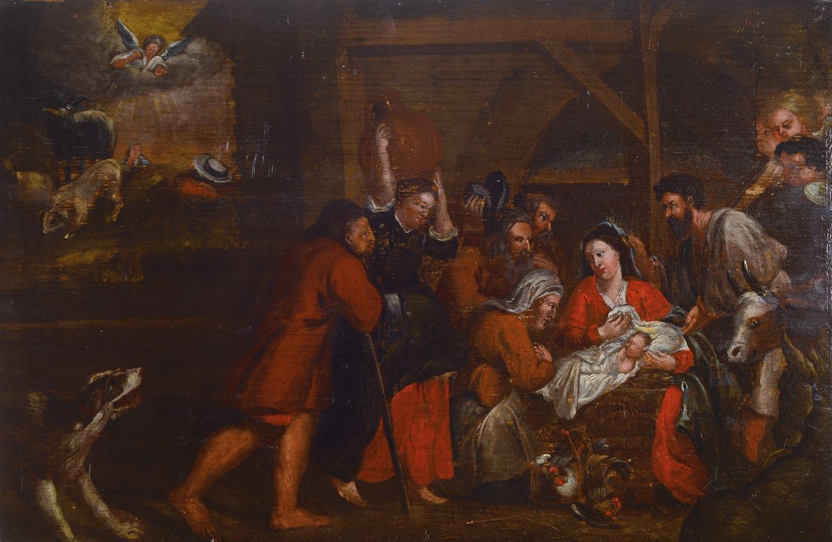 Süddeutscher Künstler um 1710-30, Geburt Christi im Stall, mit Anbetung der Hirten, Öl/Eichenplatte, leicht rest., l. Altersschäden, ca. 31 x ...