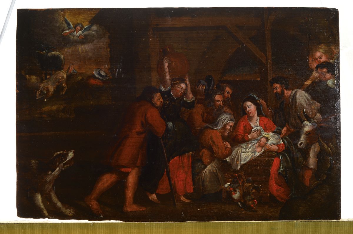 Detail k: Süddeutscher Künstler um 1710-30, Geburt Christi im Stall, mit Anbetung der Hirten, Öl/Eichenplatte, leicht rest., l. Altersschäden, ca. 31 x ...