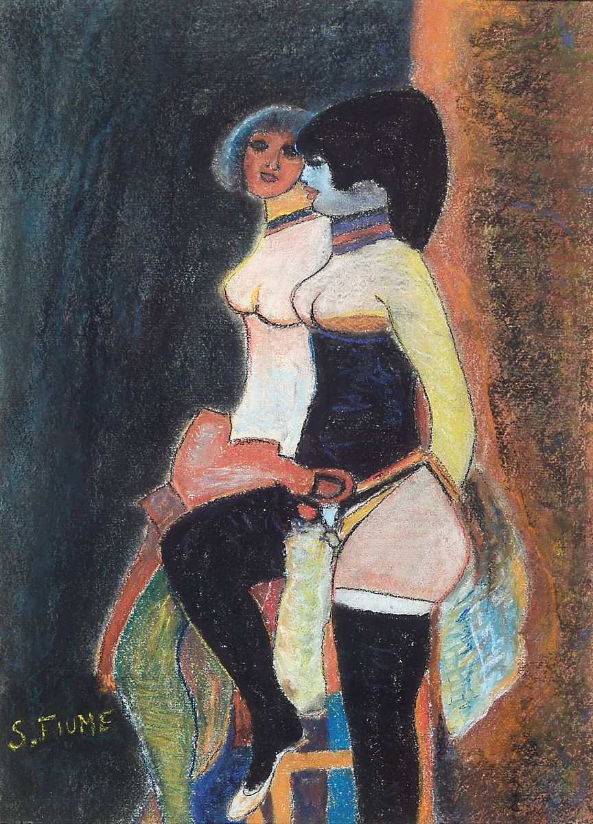 Salvatore Fiume, Comiso 1915 - Canzo 1997, Whore of the chair, Pastell, handsigniert, ca.29 x 38 cm, unter Glas, Rahmen, PP., ca. 62 x 50 cm, Rahmen ...