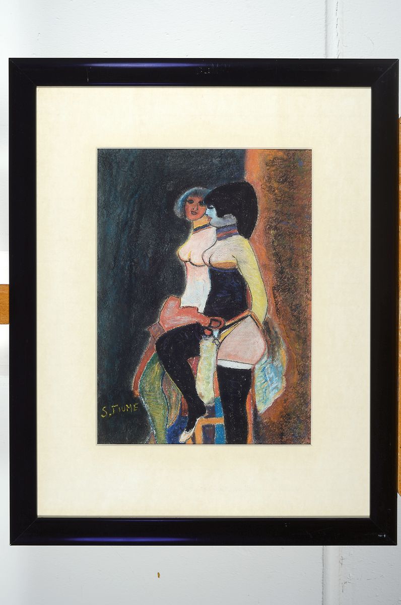 Detail k: Salvatore Fiume, Comiso 1915 - Canzo 1997, Whore of the chair, Pastell, handsigniert, ca.29 x 38 cm, unter Glas, Rahmen, PP., ca. 62 x 50 cm, Rahmen ...