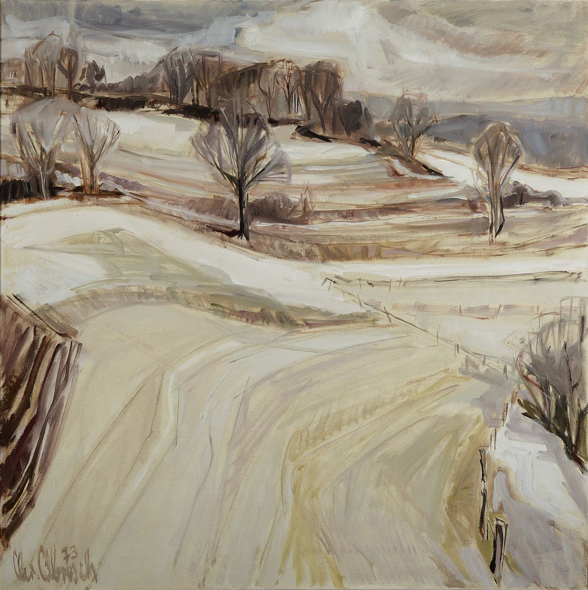 Christel Abresch, 1931 Sulzbach - 2011 Neustadt, Landschaft, Öl/Lwd, "Bei Pirmasens", Februar 73, signiert und dat. 73. Rahmen, 65 x 65 ...