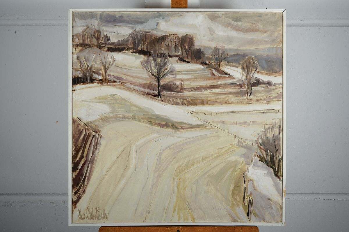 Detail k: Christel Abresch, 1931 Sulzbach - 2011 Neustadt, Landschaft, Öl/Lwd, "Bei Pirmasens", Februar 73, signiert und dat. 73. Rahmen, 65 x 65 ...