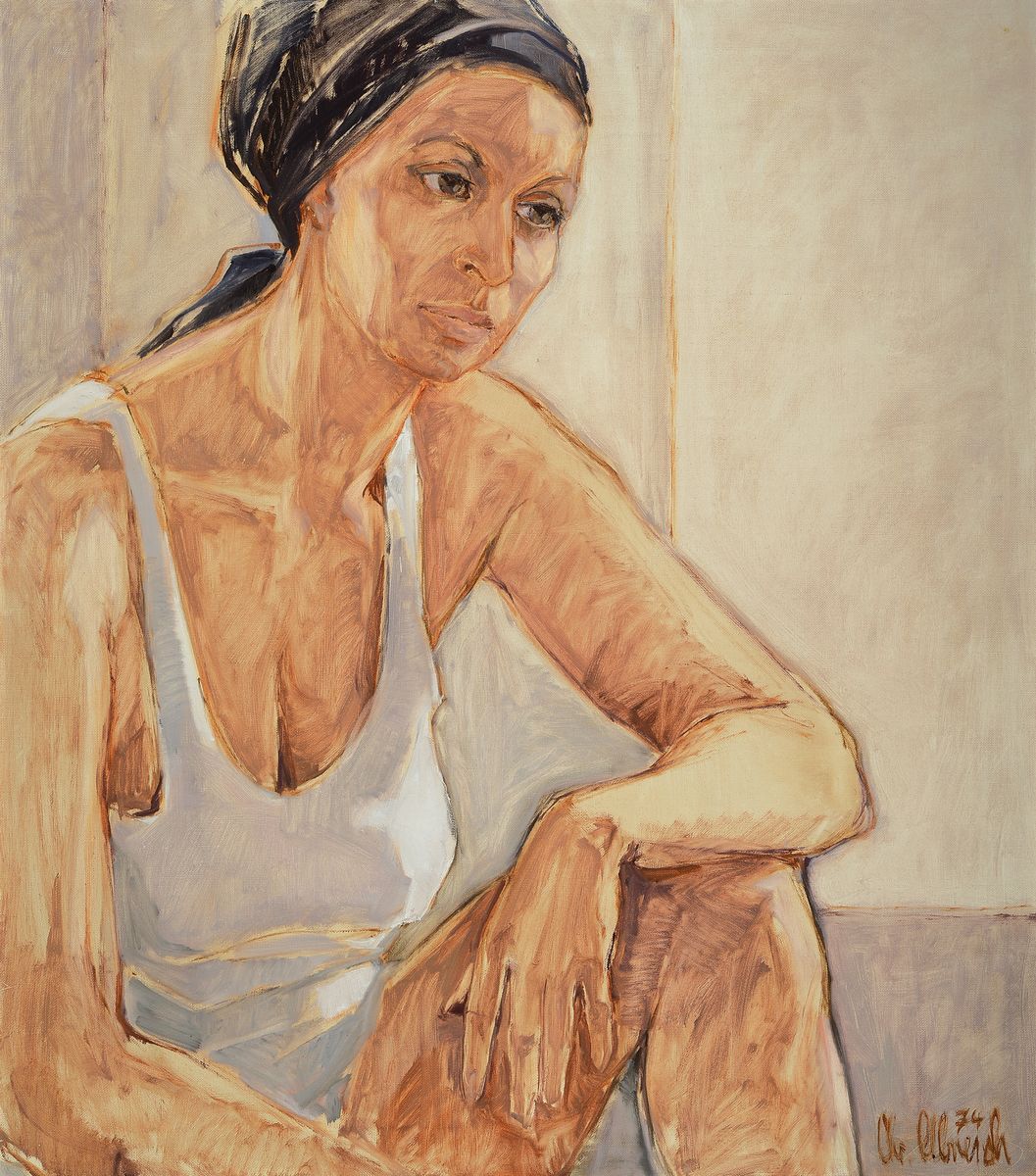 Christel Abresch, 1931 Sulzbach - 2011 Neustadt, sitzende Frau mit Kopftuch, Öl/Lwdsign. und dat. 74, ca. 80 x 70 cm, Rahmen: 83 72 cm