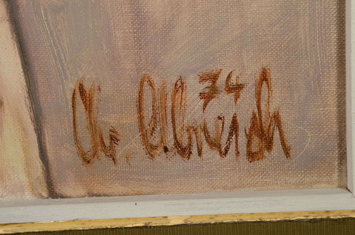 Detail a: Christel Abresch, 1931 Sulzbach - 2011 Neustadt, sitzende Frau mit Kopftuch, Öl/Lwdsign. und dat. 74, ca. 80 x 70 cm, Rahmen: 83 72 cm