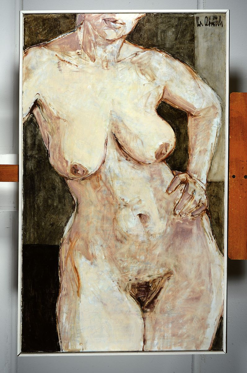 Detail k: Christel Abresch, 1911 Sulzbach - 2011 Neustadt, großer Akt, wohl Selbstdarstellung, Öl/Lwd, signiert und dat. 74, ca. 100 x 60 cm, Rahmen: 102 x ...