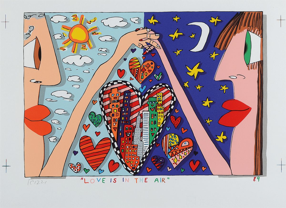 James Rizzi, 1930 - 2011, "Love Is In The Air", handsigniert, unter Glas gerahmt, ca. 49.5 x 61 cm, Rahmen 53 x 73 cm