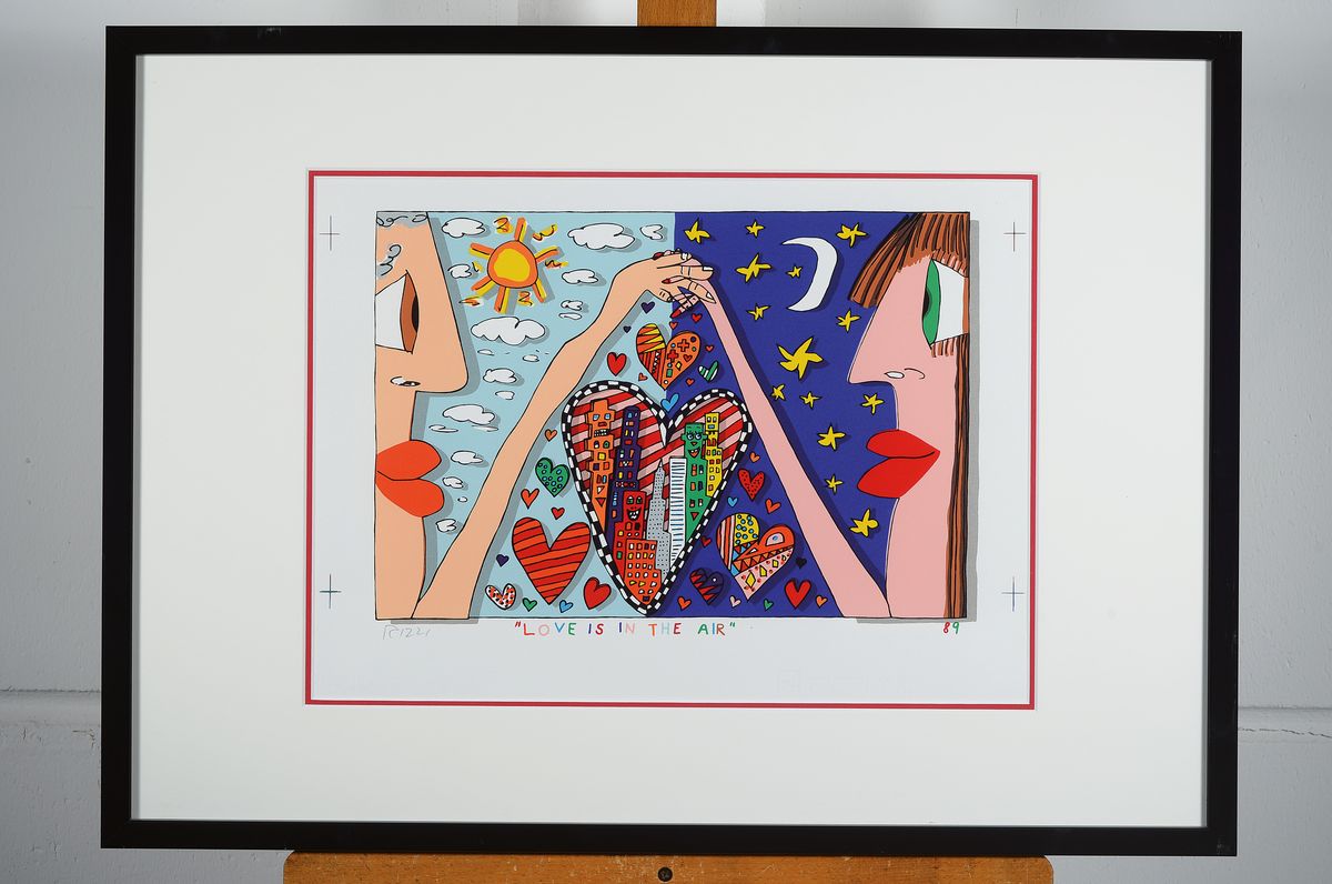 Detail k: James Rizzi, 1930 - 2011, "Love Is In The Air", handsigniert, unter Glas gerahmt, ca. 49.5 x 61 cm, Rahmen 53 x 73 cm