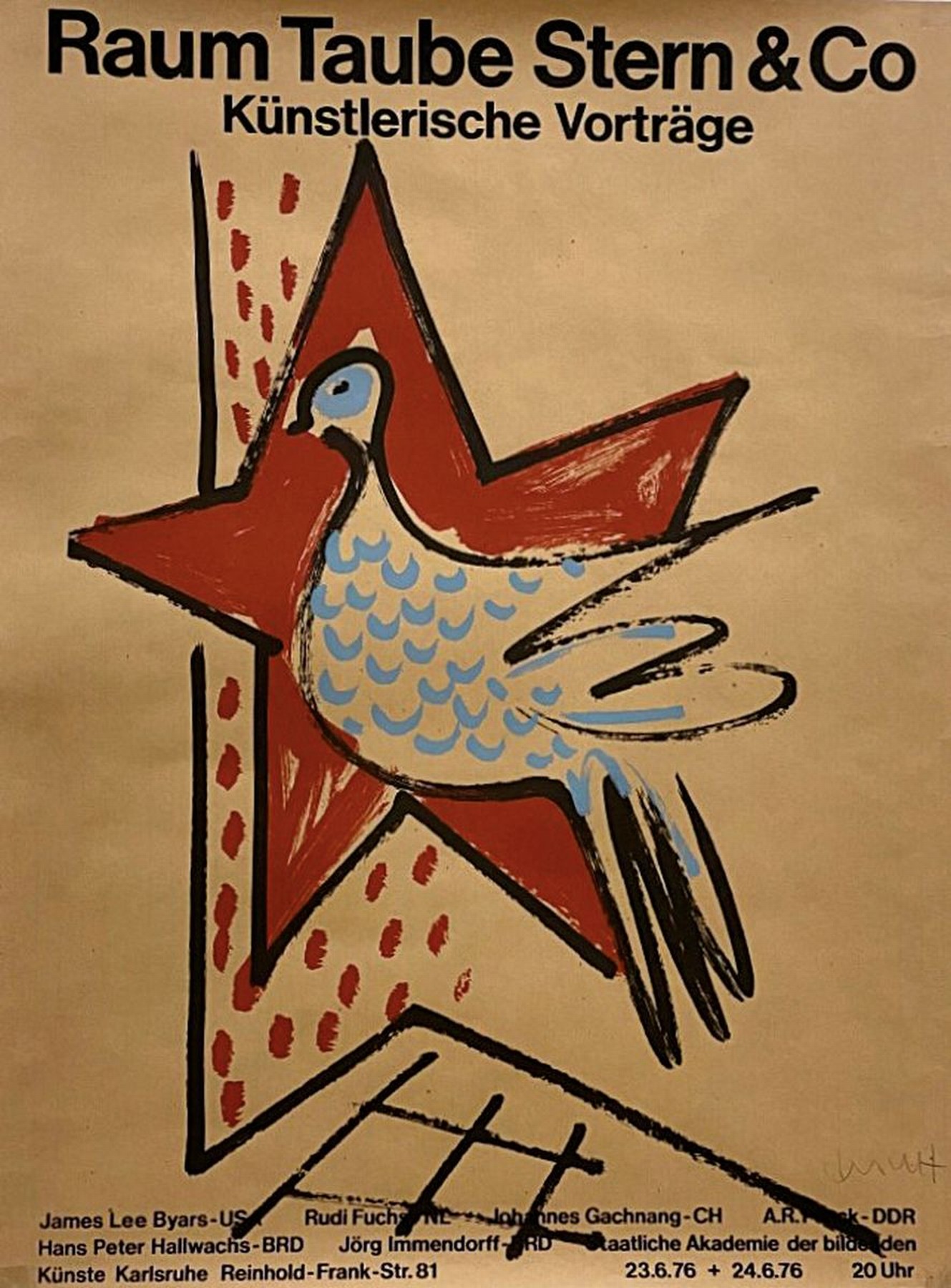 Markus Lüpertz, Plakat, Siebdruck, Ruam Taube Stern & Co, Künstlerische Vorträge,23.06.76 - 24.06.76, handsigniert, 100 x 75 cmmin. Gebr.spuren