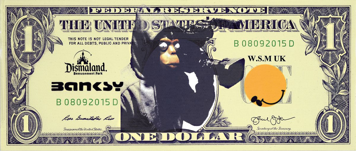 nach Banksy, "Souvenier de Dismaland", Dismal Art: Dismal Dollar Canvas, Date: August/September 2015, Location: Weston-super-Mare, ...