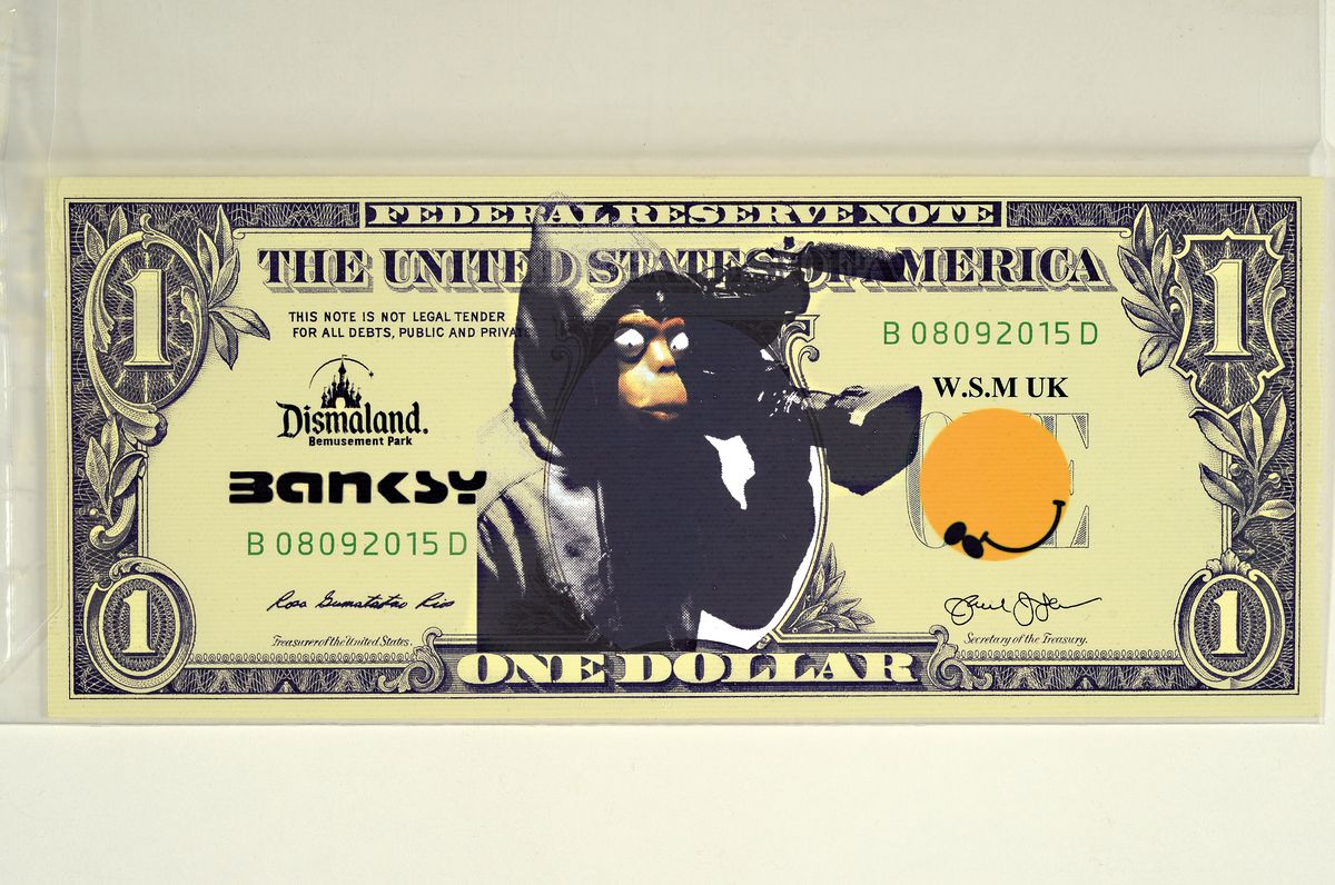 Detail k: nach Banksy, "Souvenier de Dismaland", Dismal Art: Dismal Dollar Canvas, Date: August/September 2015, Location: Weston-super-Mare, ...