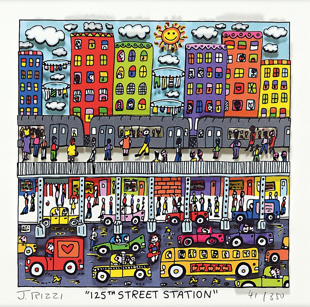 James Rizzi, 1950-2011, Titel: "125 street station, 3-D Konstruktion, handsign., num. 41/350, unter Glas gerahmt, Motiv ca. 12,5x12,5 cm, gesamt ...