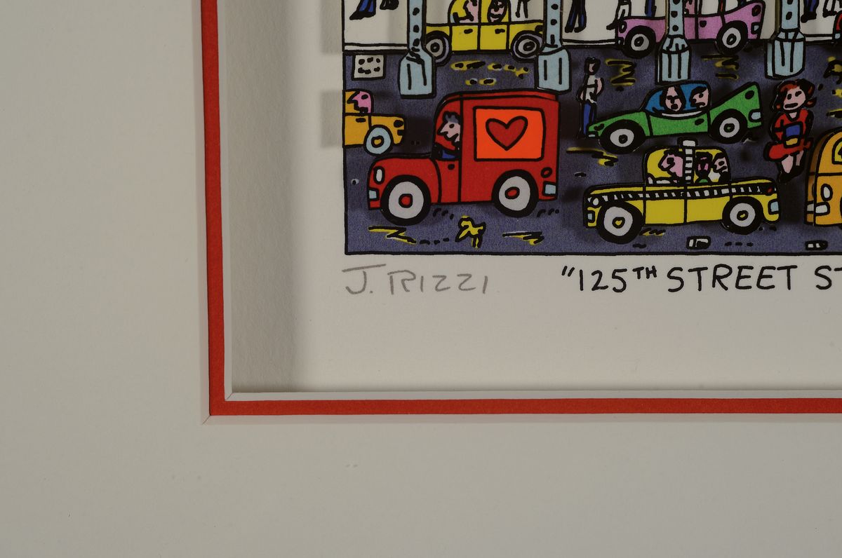 Detail a: James Rizzi, 1950-2011, Titel: "125 street station, 3-D Konstruktion, handsign., num. 41/350, unter Glas gerahmt, Motiv ca. 12,5x12,5 cm, gesamt ...