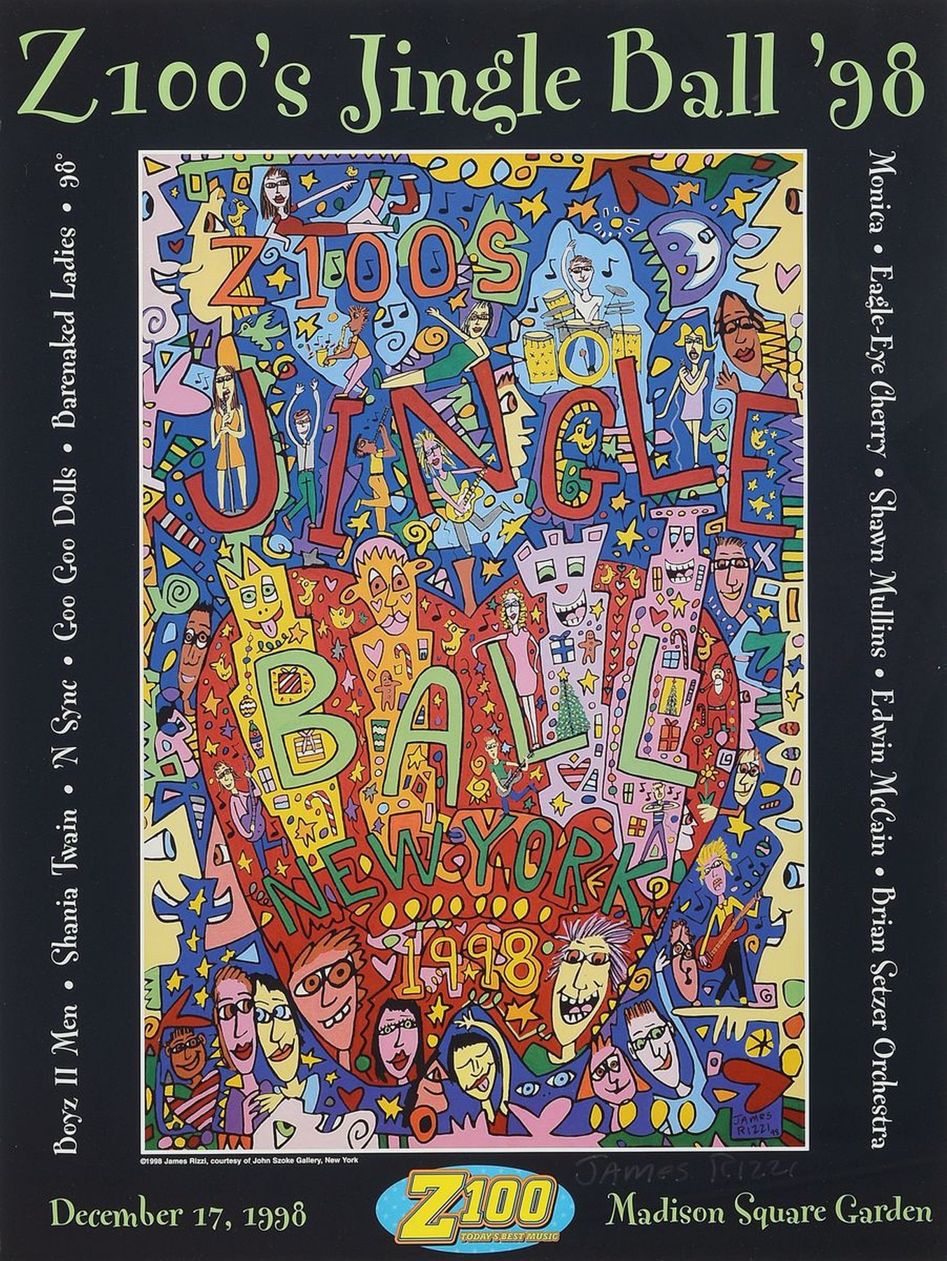 James Rizzi, 1950-2011, "Z100´s Jingle Ball 98 ", Farboffset, sign., unter Glas gerahmt, gesamt ca. 83x62 cm