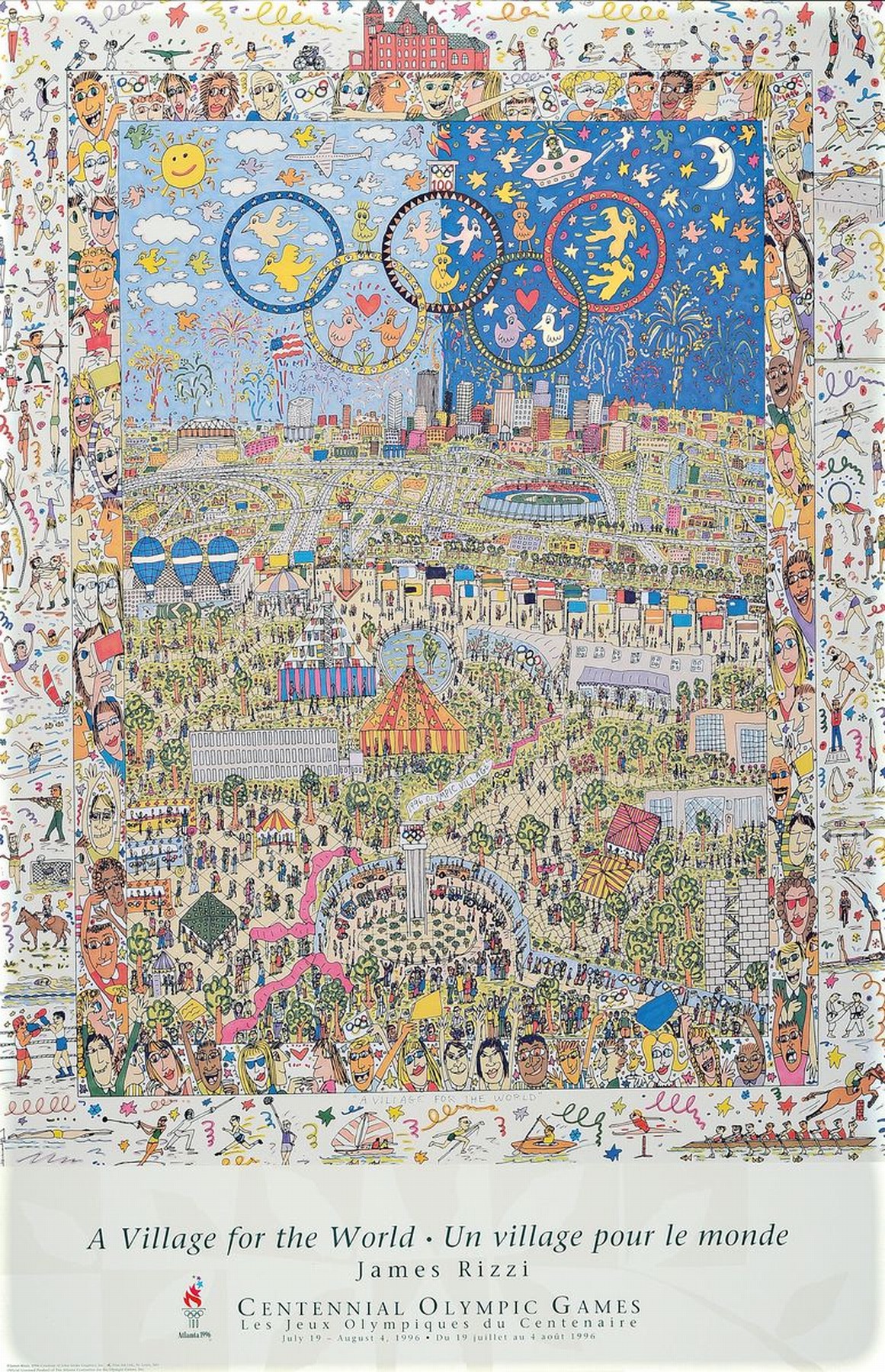 James Rizzi, 1950-2011, "A Village for the World", Offsetdruck, unsign., unter Glas gerahmt, gesamt ca. 102x70 cm