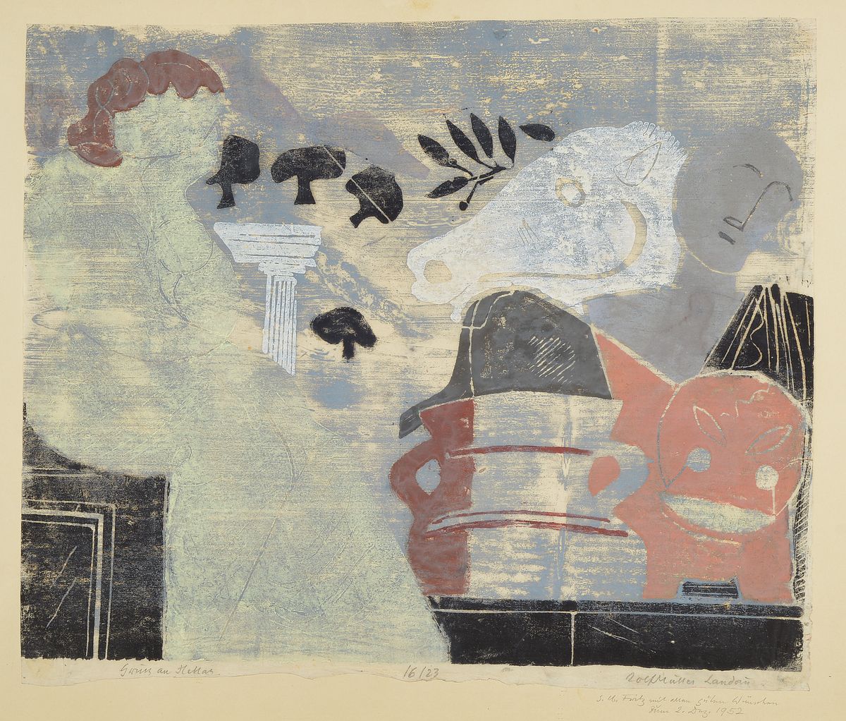 Rolf Müller-Landau, 1903 - 1956, Monotypie auf Japan-Papier, Gruss aus Hellas, num. 16/23, handsigniert und bezeichnet, auf PP mit Widmung und dat. ...