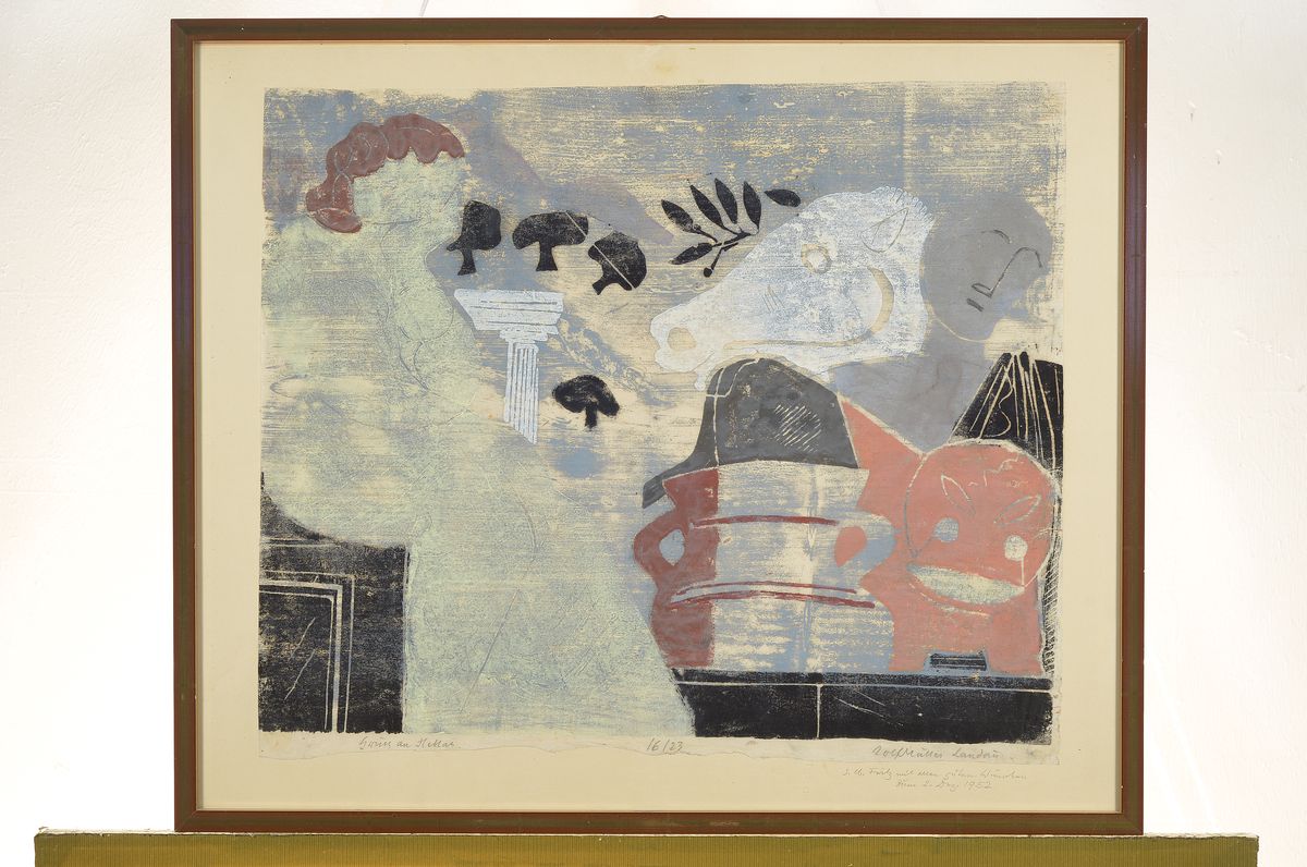 Detail k: Rolf Müller-Landau, 1903 - 1956, Monotypie auf Japan-Papier, Gruss aus Hellas, num. 16/23, handsigniert und bezeichnet, auf PP mit Widmung und dat. ...
