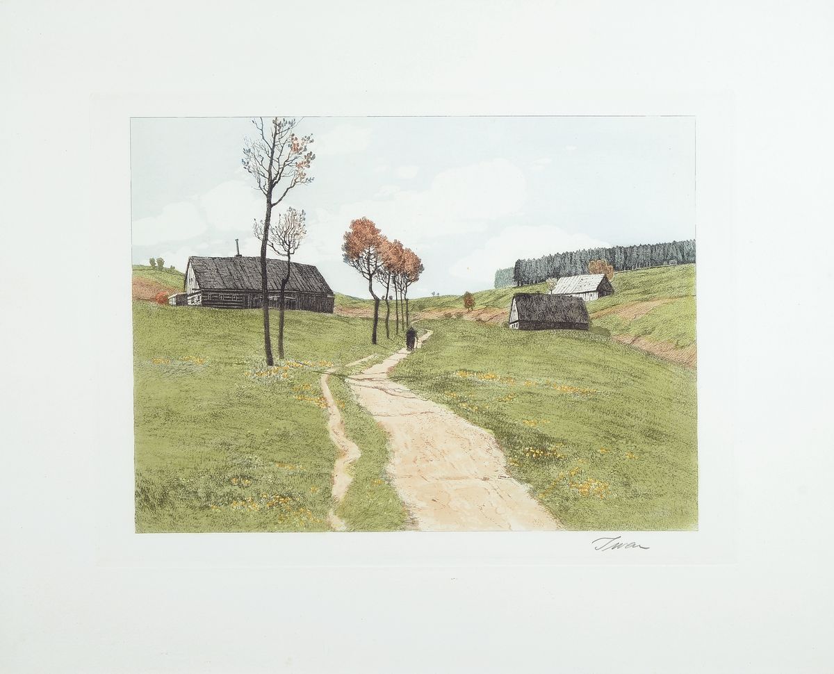 Friedrich Iwan, 1889 - 1967, drei Farbaquatintaradierungen, Sommer, Herbst und Winter in den Bergen, handsigniert, ca. 27 x 35 cm, Rahmen ca. 40 x 49 ...