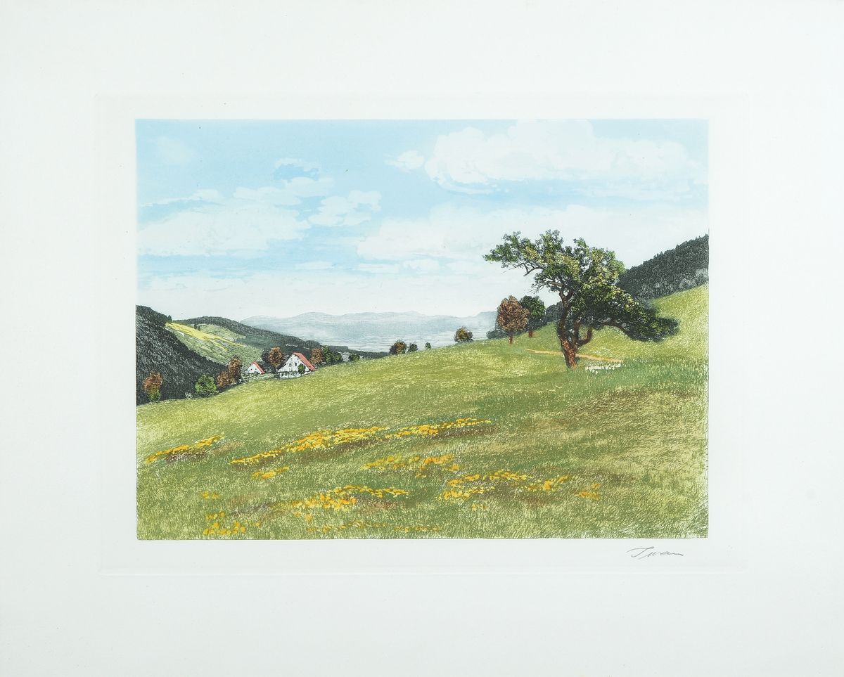 Detail a: Friedrich Iwan, 1889 - 1967, drei Farbaquatintaradierungen, Sommer, Herbst und Winter in den Bergen, handsigniert, ca. 27 x 35 cm, Rahmen ca. 40 x 49 ...