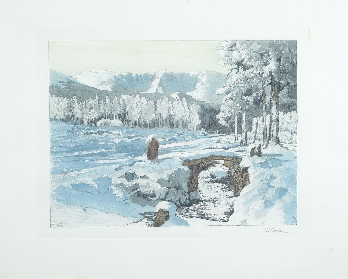 Detail b: Friedrich Iwan, 1889 - 1967, drei Farbaquatintaradierungen, Sommer, Herbst und Winter in den Bergen, handsigniert, ca. 27 x 35 cm, Rahmen ca. 40 x 49 ...