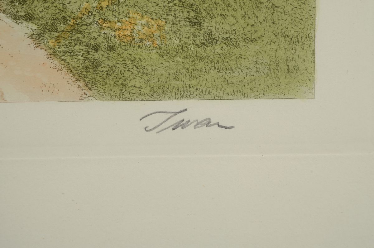 Detail c: Friedrich Iwan, 1889 - 1967, drei Farbaquatintaradierungen, Sommer, Herbst und Winter in den Bergen, handsigniert, ca. 27 x 35 cm, Rahmen ca. 40 x 49 ...