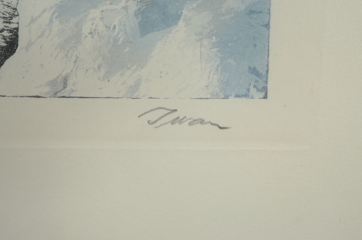 Detail d: Friedrich Iwan, 1889 - 1967, drei Farbaquatintaradierungen, Sommer, Herbst und Winter in den Bergen, handsigniert, ca. 27 x 35 cm, Rahmen ca. 40 x 49 ...