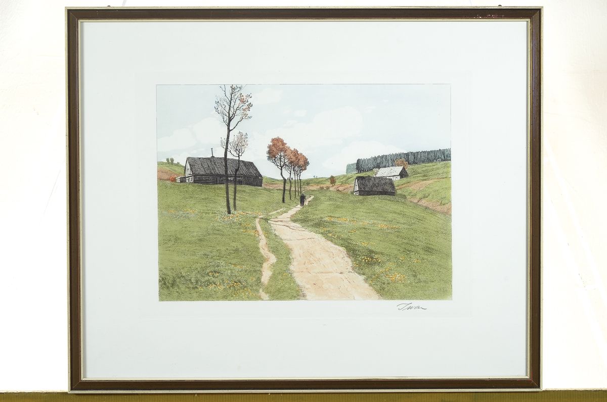 Detail k: Friedrich Iwan, 1889 - 1967, drei Farbaquatintaradierungen, Sommer, Herbst und Winter in den Bergen, handsigniert, ca. 27 x 35 cm, Rahmen ca. 40 x 49 ...