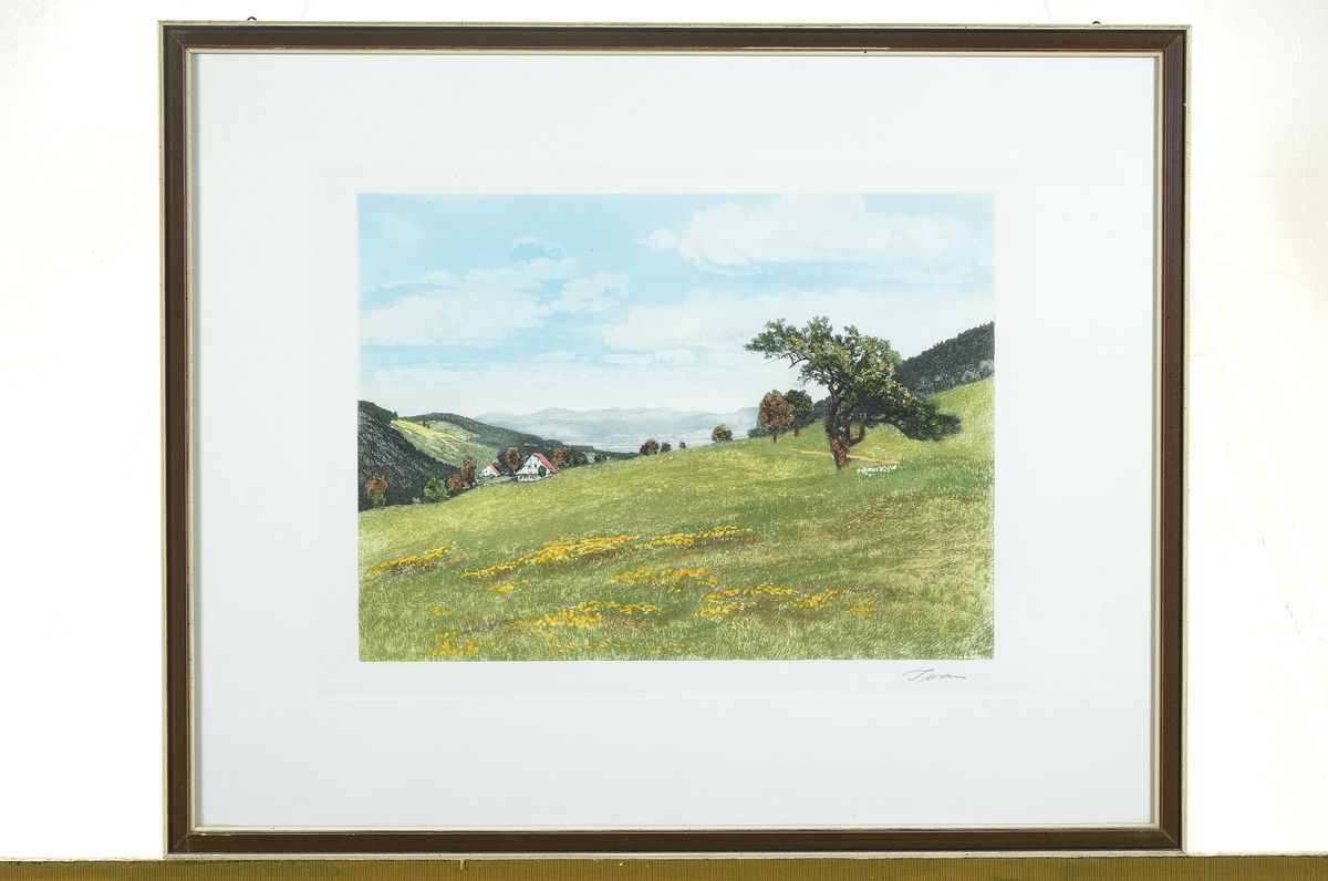 Detail l: Friedrich Iwan, 1889 - 1967, drei Farbaquatintaradierungen, Sommer, Herbst und Winter in den Bergen, handsigniert, ca. 27 x 35 cm, Rahmen ca. 40 x 49 ...