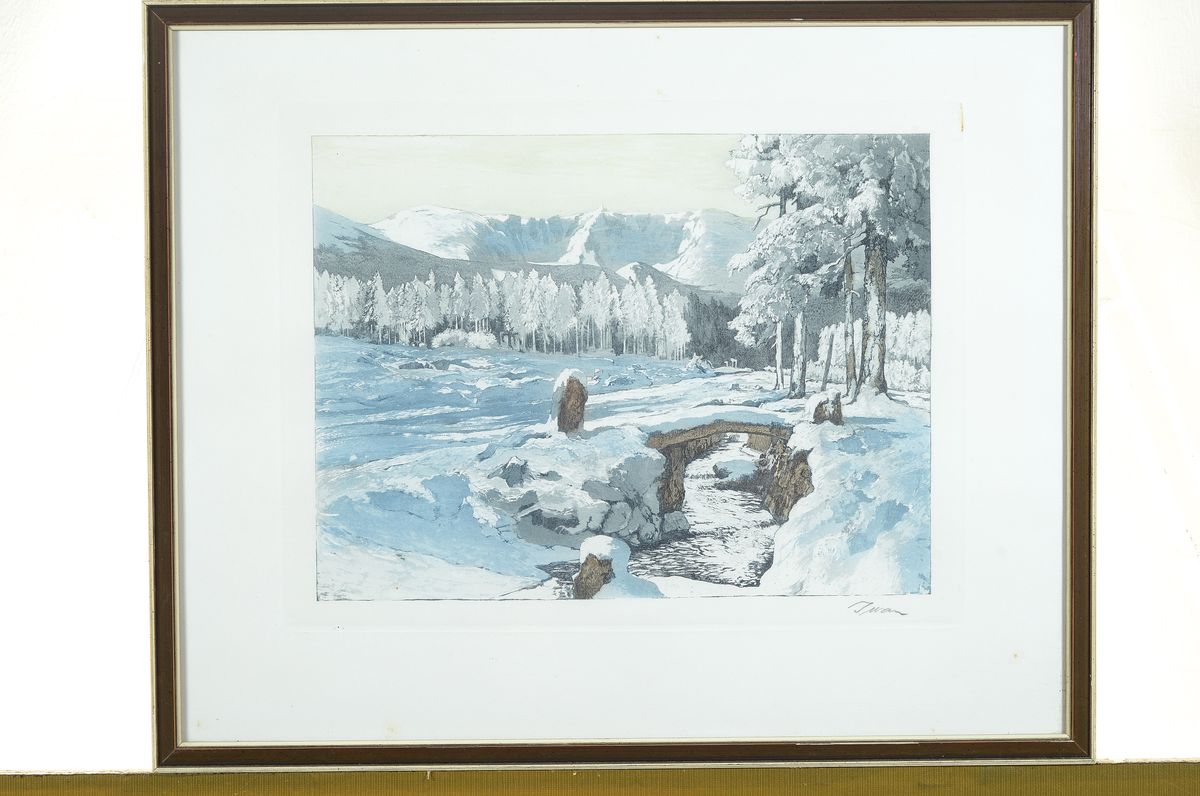 Detail m: Friedrich Iwan, 1889 - 1967, drei Farbaquatintaradierungen, Sommer, Herbst und Winter in den Bergen, handsigniert, ca. 27 x 35 cm, Rahmen ca. 40 x 49 ...