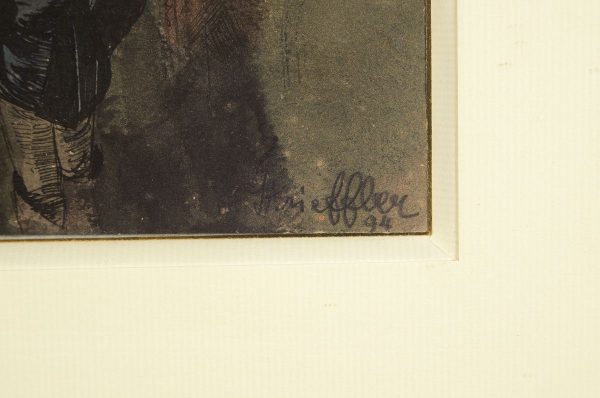 Detail a: Heinrich Strieffler, 1872 Neustadt - 1949 Landau, aus der Studienzeit bei Franz Stuck,Morgendämmerung mit Figurenstaffage, Zentralgestalt in den ...