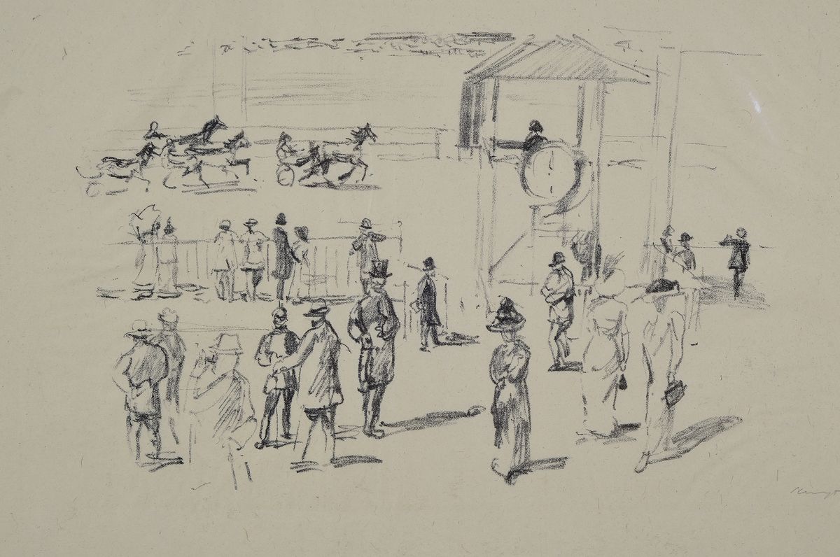 Max Slevogt, 1868-1932, Mappenwerk Rennskizzen von der Trabrennbahn, komplett mit Umschlag, innen 6 signierte Lithographien auf China-Papier, Auflage ...