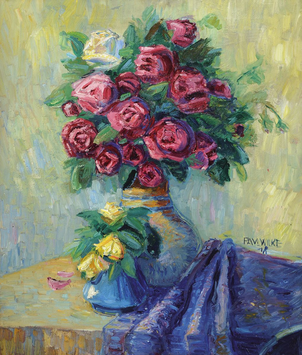 Paul Wilke, Stillleben mit Rosen und blauem Tuch, ausdrucksvolle Farbgebung, typ. impressionistische Auffassung, leicht krakeliert, re. u. signiert ...