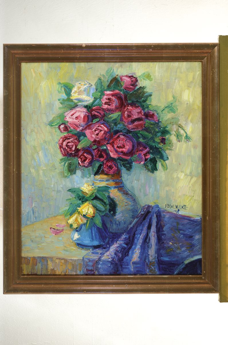 Detail k: Paul Wilke, Stillleben mit Rosen und blauem Tuch, ausdrucksvolle Farbgebung, typ. impressionistische Auffassung, leicht krakeliert, re. u. signiert ...