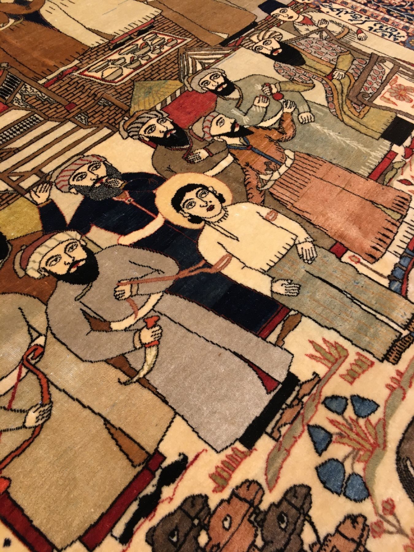 Detail e: Feiner Keschan "Mohtascham" Bildteppich (Nader Shah Afschar & Geschichte von Josef "Jakobs Sohn") antik (Signatur: Auftraggeber ...