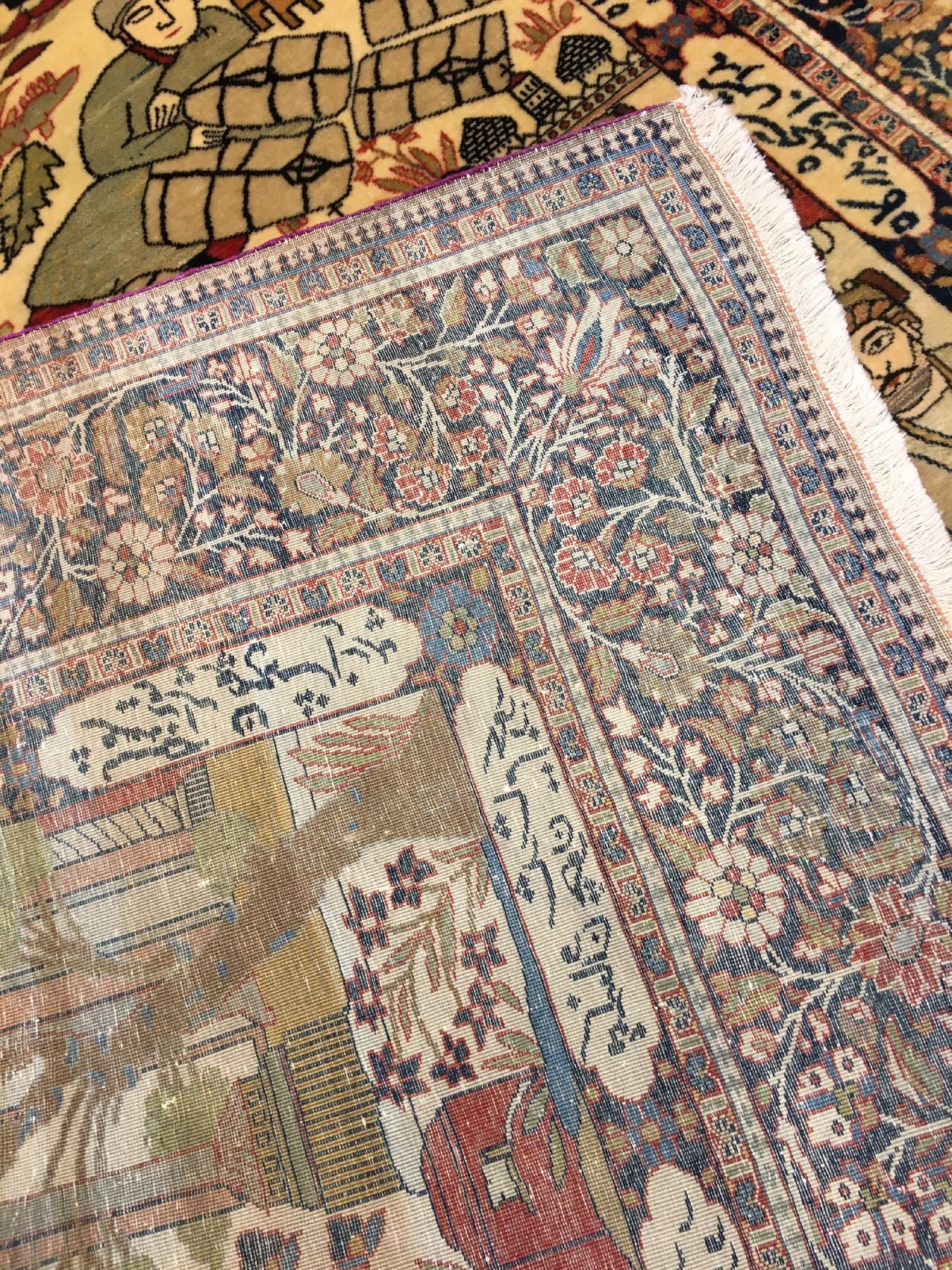 Detail h: Feiner Keschan "Mohtascham" Bildteppich (Nader Shah Afschar & Geschichte von Josef "Jakobs Sohn") antik (Signatur: Auftraggeber ...