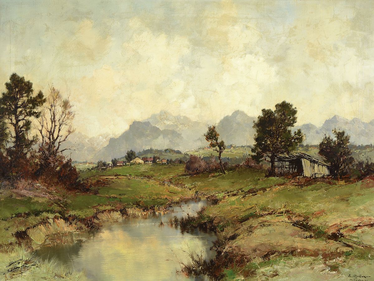 Erich Bröcker,, 1893 - 1963 MÜnchen, Voralpenlandschaft, Öl/Lwd., re. u. signiert, bez. "Chiemgau mit Kanzelwand", gute Farbabstufungen ...