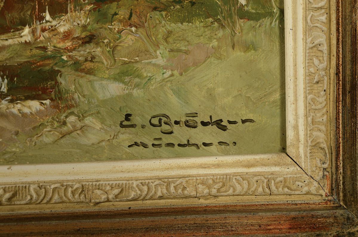 Detail a: Erich Bröcker,, 1893 - 1963 MÜnchen, Voralpenlandschaft, Öl/Lwd., re. u. signiert, bez. "Chiemgau mit Kanzelwand", gute Farbabstufungen ...