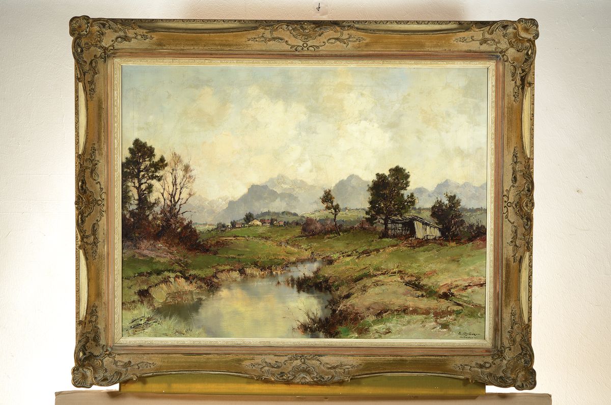 Detail k: Erich Bröcker,, 1893 - 1963 MÜnchen, Voralpenlandschaft, Öl/Lwd., re. u. signiert, bez. "Chiemgau mit Kanzelwand", gute Farbabstufungen ...
