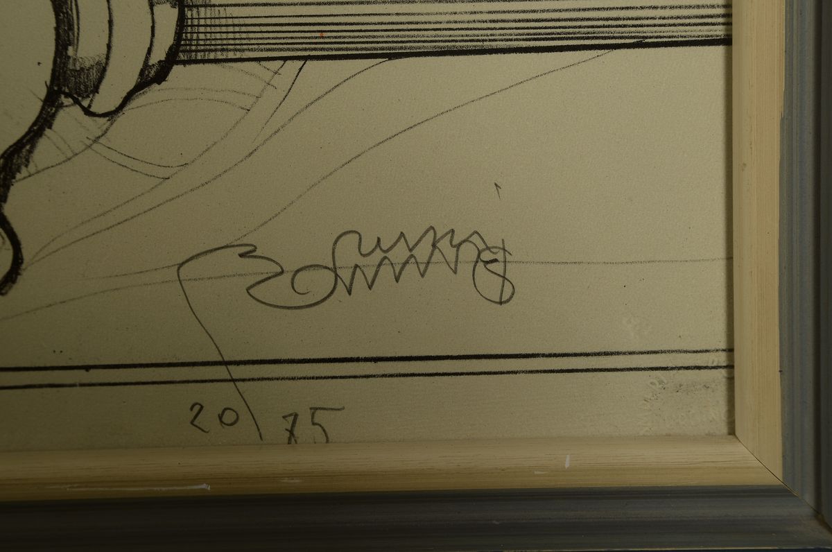 Detail c: Bruno Bruni,geb. 1935, zwei Lithographien, Carneval in Venedig und liegender Akt, Auflage 75 und 150 Exp., sign., num. 20/75,64/150, unter Glas ...
