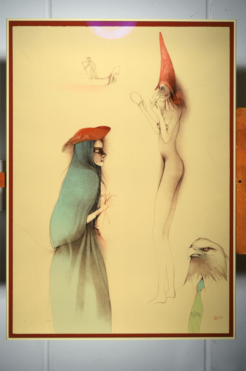 Detail k: Bruno Bruni,geb. 1935, zwei Lithographien, Carneval in Venedig und liegender Akt, Auflage 75 und 150 Exp., sign., num. 20/75,64/150, unter Glas ...