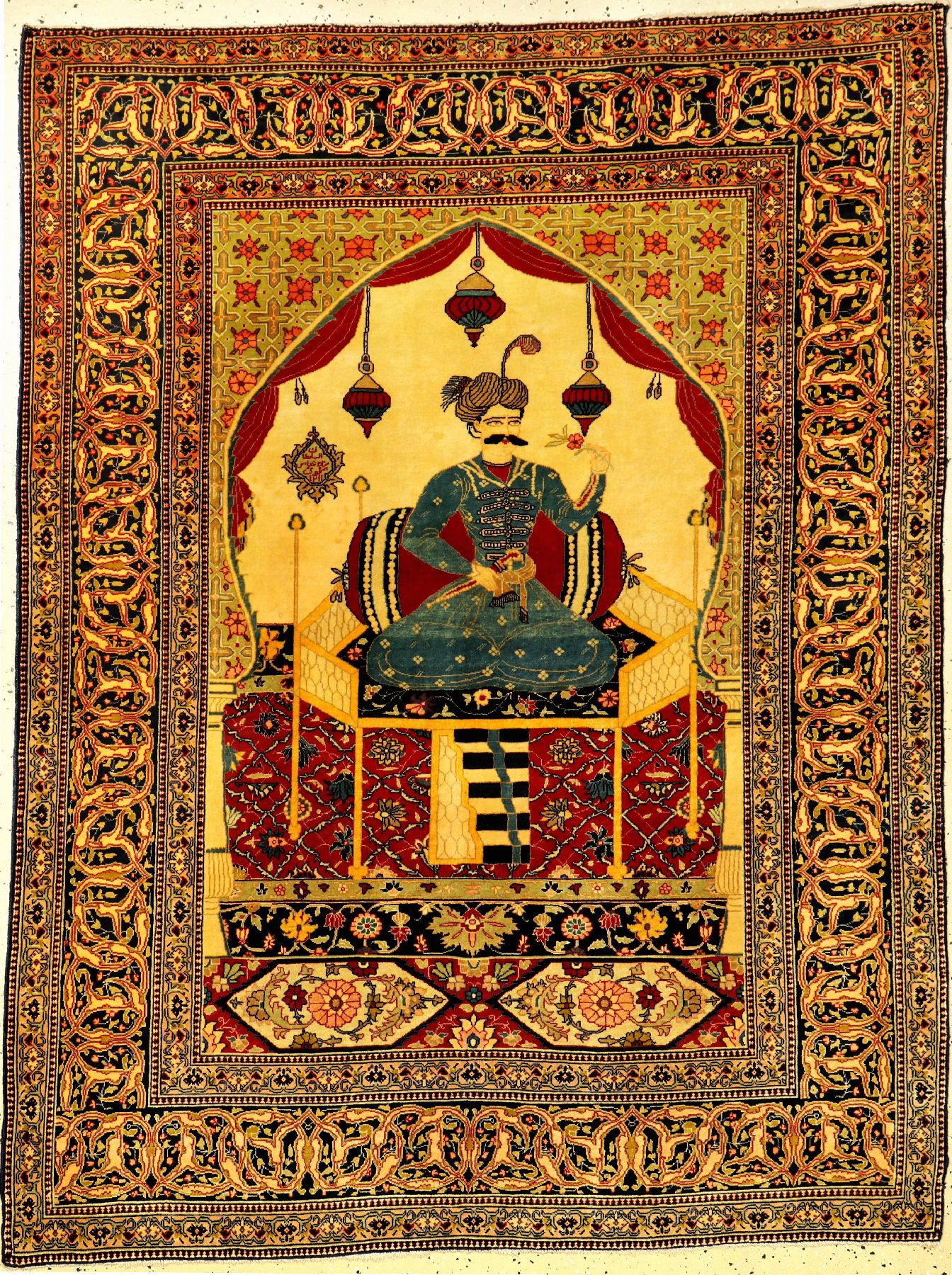 Feiner Täbriz "Bildteppich" alt (Shah Abbas I.), Nordwestpersien, um 1930, Korkwolle geknüpft auf Baumwolle. Sehr feiner Bildteppich aus ...