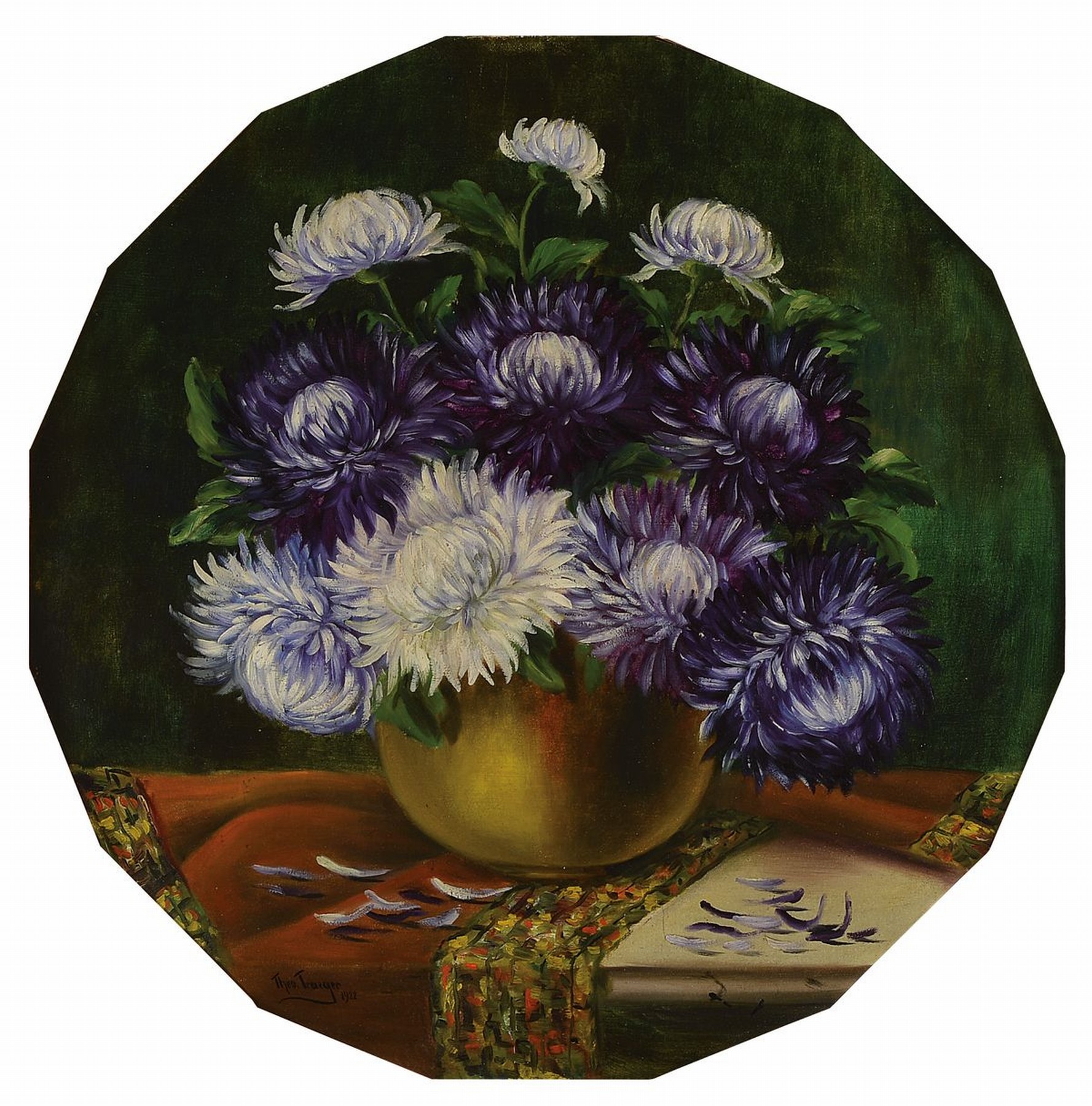 Traeger Theo, deutscher Maler des 19./20. Jh., hier Strauss in gelber Vase, qualitätvolle Malerei, in ausserordentlich repräsentativer Rahmen um ...