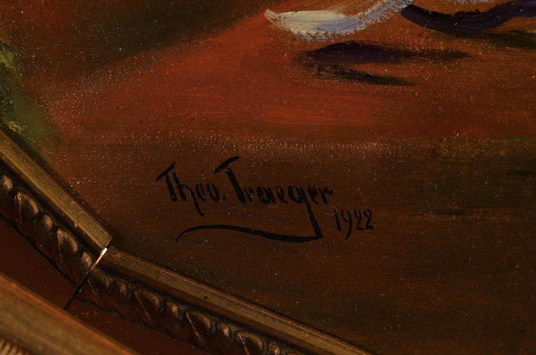 Detail a: Traeger Theo, deutscher Maler des 19./20. Jh., hier Strauss in gelber Vase, qualitätvolle Malerei, in ausserordentlich repräsentativer Rahmen um ...