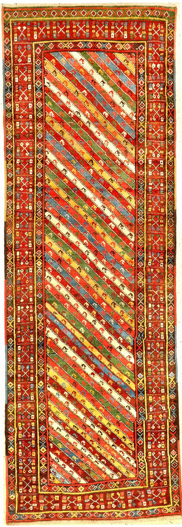 Kurdische "Galerie" antik, Nordwestpersien, 19.Jhd., Wolle geknüpft auf Baumwolle. Seltener kurdischer Teppich mit bunt gestreiften Feld ...
