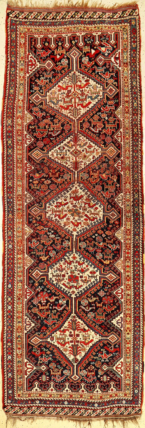 Seltene Khamseh "Galerie" antik (Chicken-Typus), Südwestanatolien Fars-Gebiet, 19.Jhd., Wolle geknüpft auf Wolle. Khamseh Stammesteppich ...